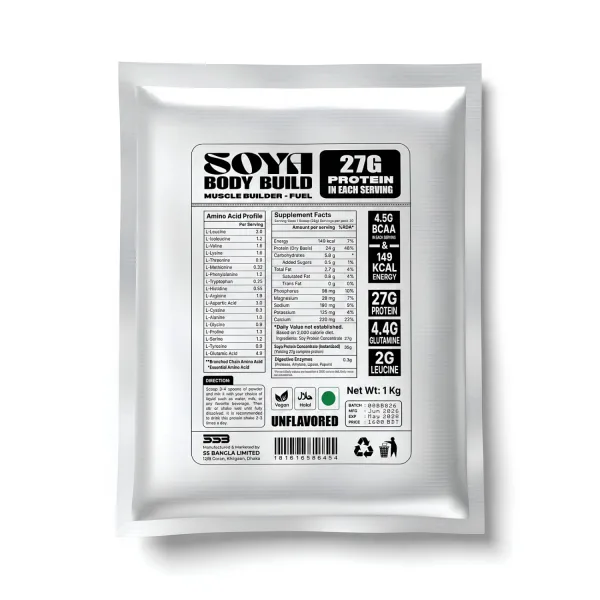 Soya Body Build soy protein supplement facts and ingredient label